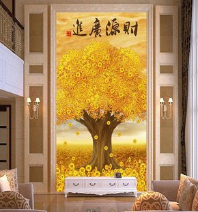 现代中式发财树黄金满地财源广进玄关3d立体过道壁纸壁画￥78    :4