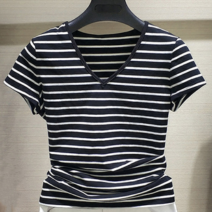07哥弟女装专柜正品2019夏季新款修身v领纯棉黑白条纹短袖t恤女上衣