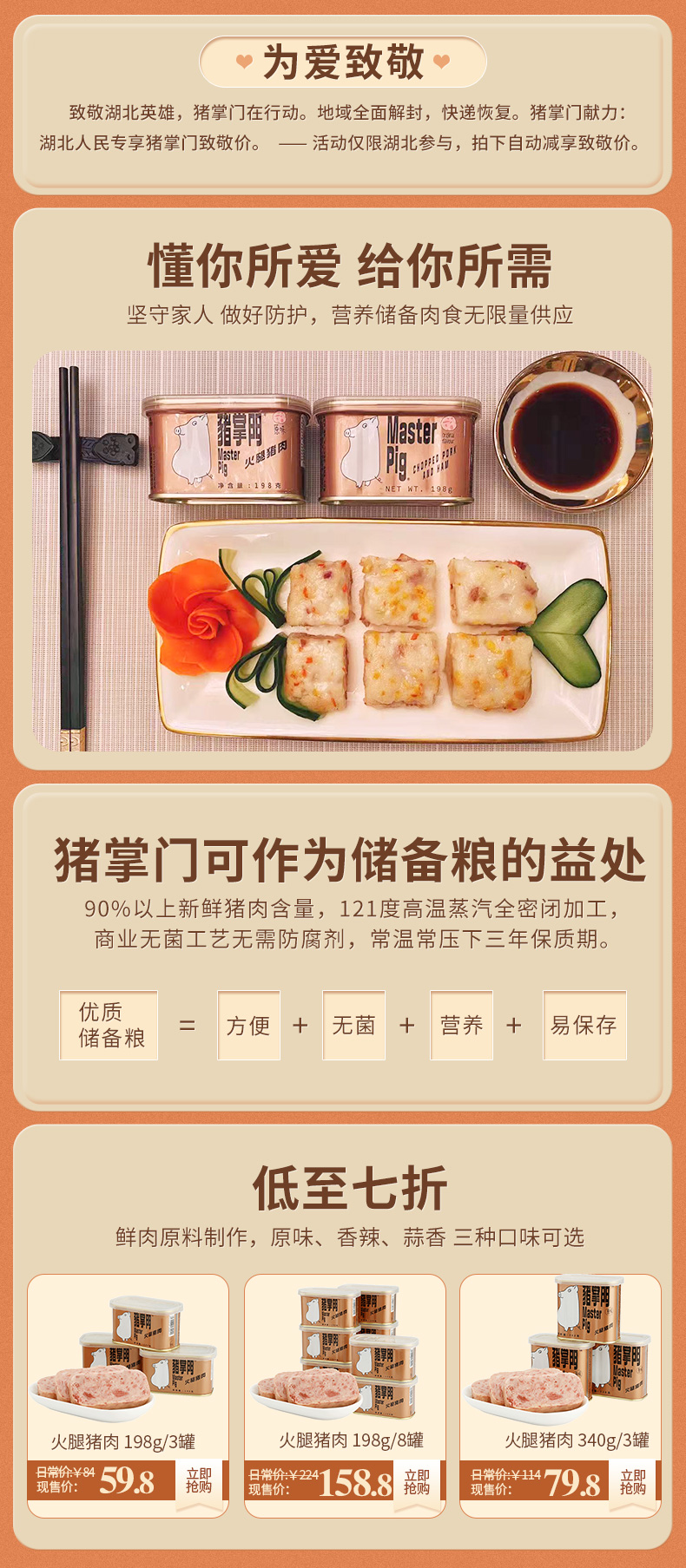 猪掌门 原味午餐肉火腿罐头 340g*3罐 猪肉含量≥90% 图1